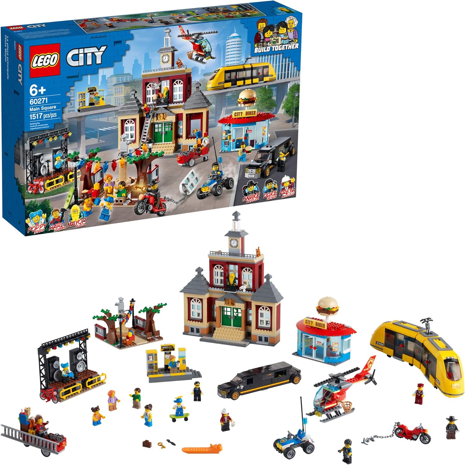 LEGO City Main Square set 60271 with buildings, train, and minifigures